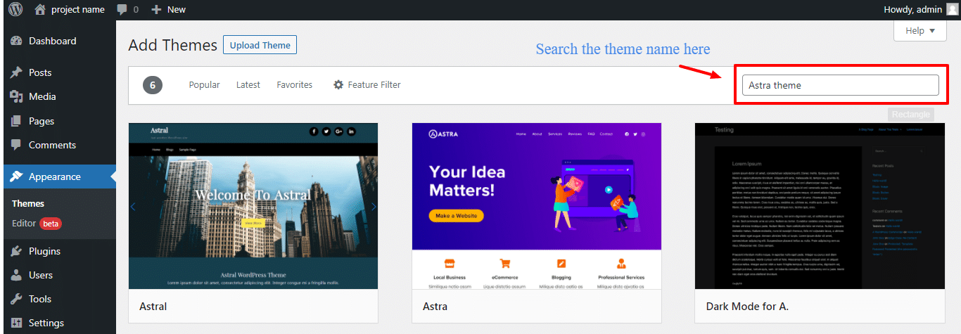 search the theme from search bar