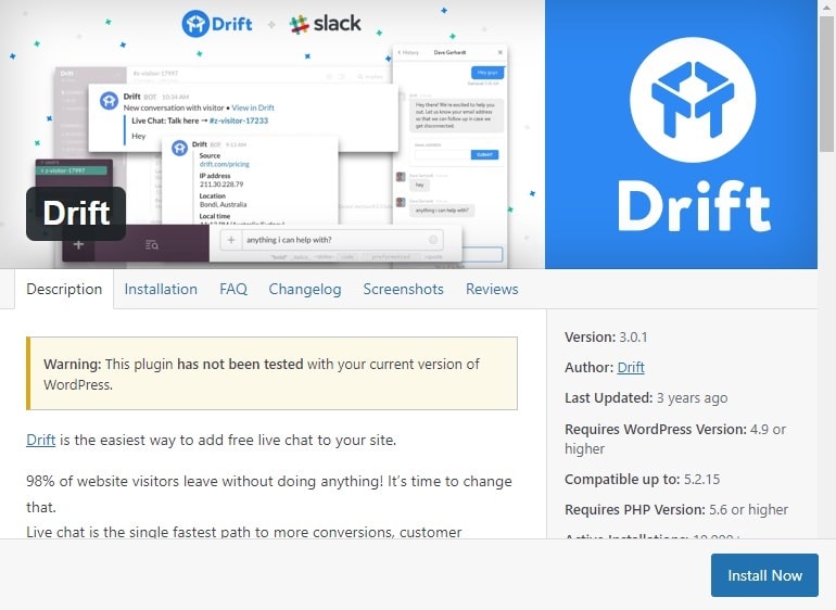 Drift live chat plugin of WordPress