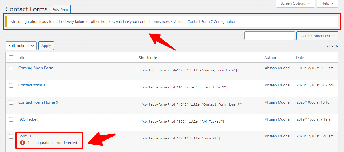 configuration error in Contact Form 7