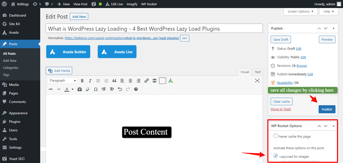 WP Rocket options in WordPress post edit page