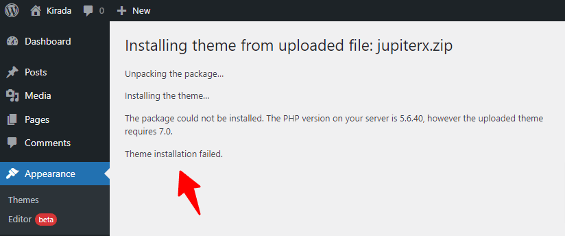 theme installation failed error in JupiterX theme