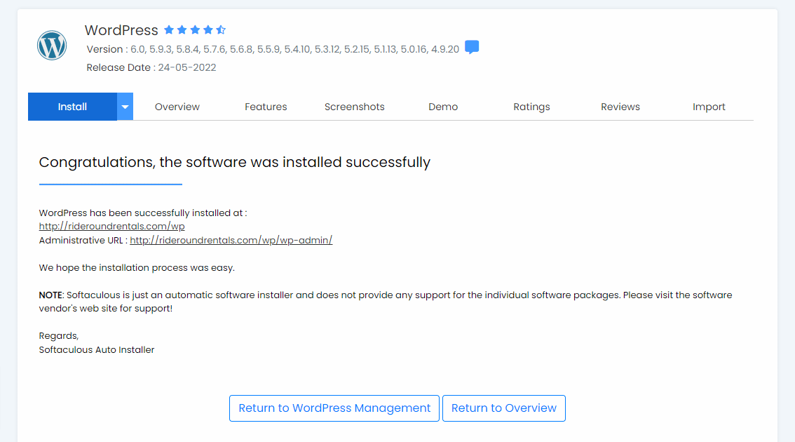 Successful WordPress Installation Message by Softaculous