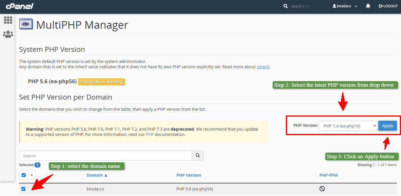 Apply latest php version by selecting a domain name